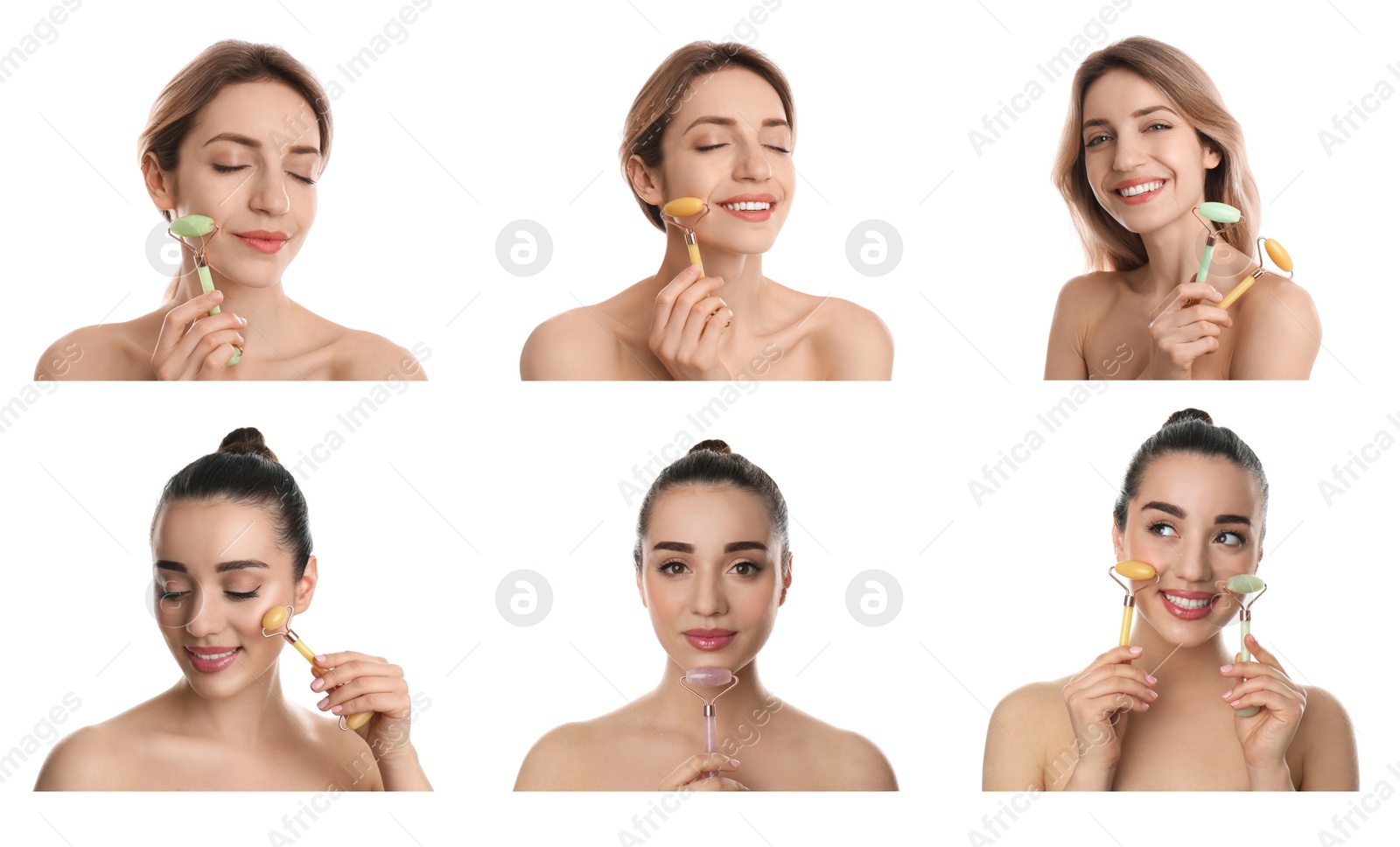 Image of Young women using face roller on white background, collage