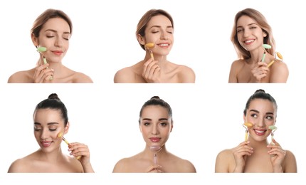 Young women using face roller on white background, collage