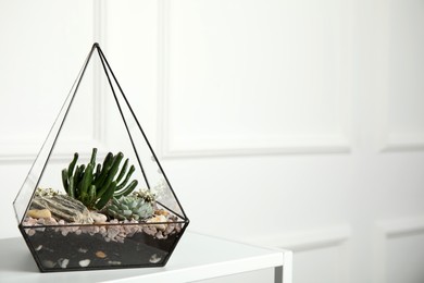 Glass florarium vase with succulents on white table indoors, space for text