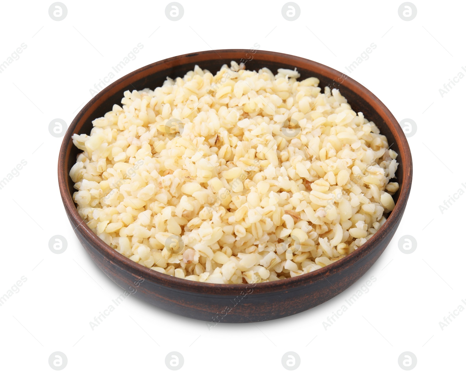 Photo of Cooked bulgur in bowl isolated on white