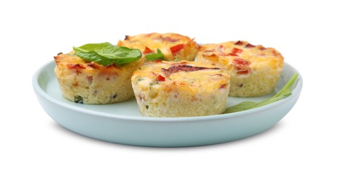 Freshly baked bacon and egg muffins with cheese isolated on white