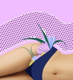 Image of Epilation concept. Young woman with flowers and leaves sticking as hair out of panties on violet background, closeup