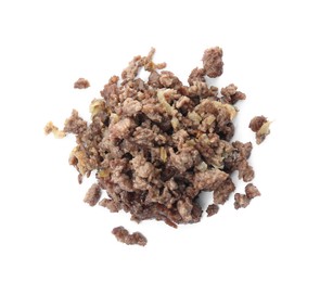 Photo of Pile of fried minced meat on white background, top view