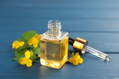 Bottle of natural celandine oil near flowers on blue wooden table
