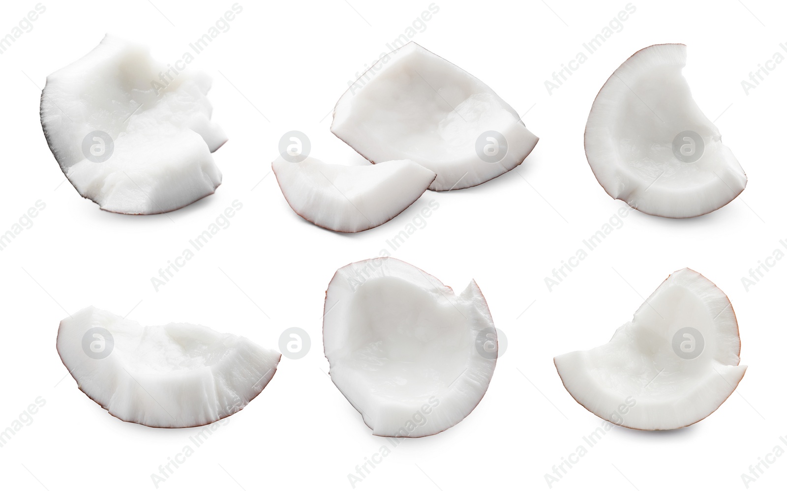 Image of Set with pieces of ripe coconuts on white background