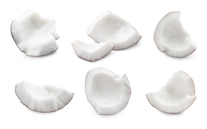 Image of Set with pieces of ripe coconuts on white background