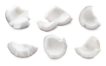 Set with pieces of ripe coconuts on white background