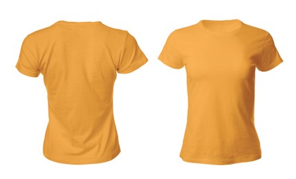 Image of Stylish orange t-shirts on white background, collage. Space for design