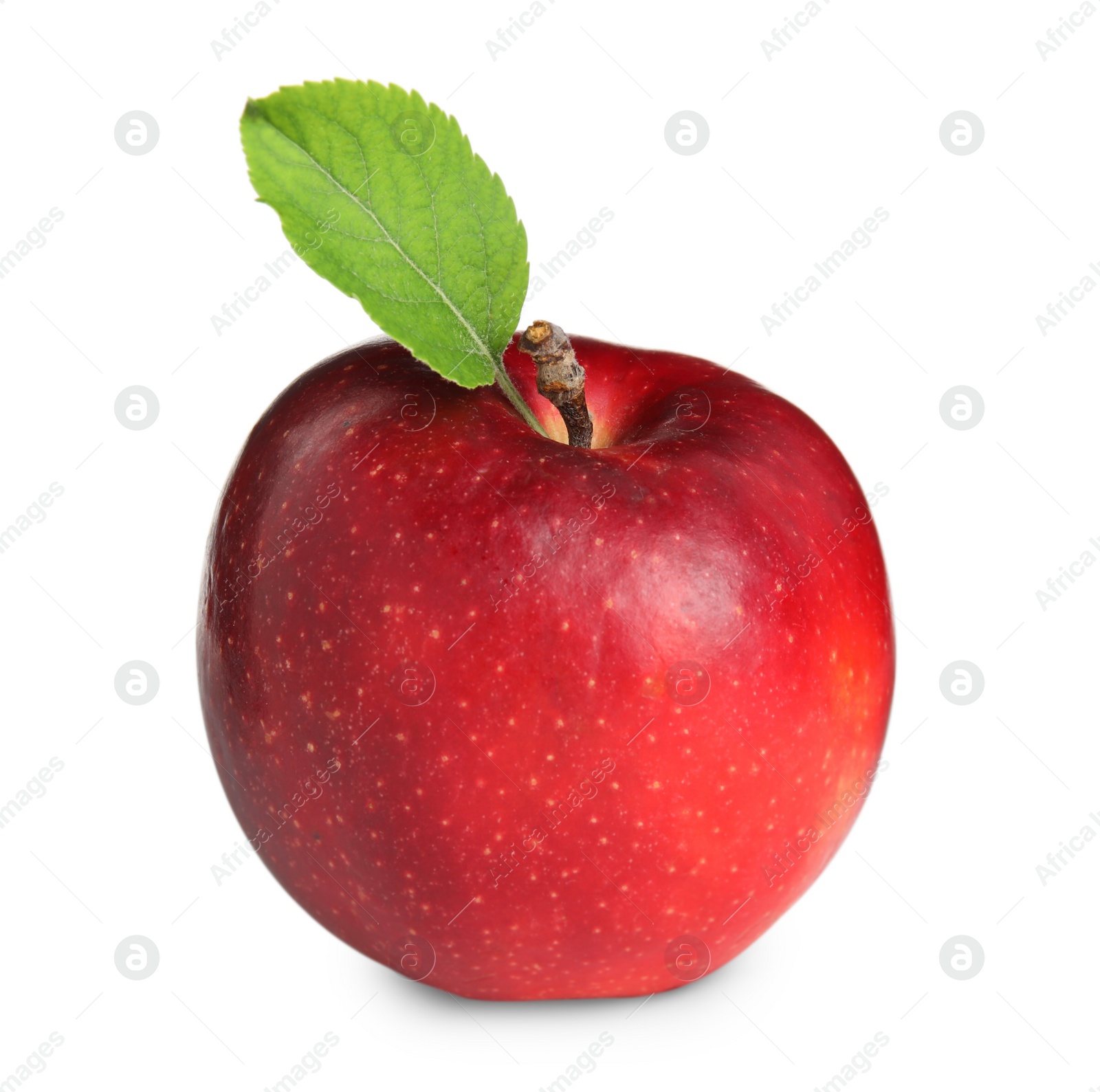 Photo of Delicious ripe red apple with leaf isolated on white