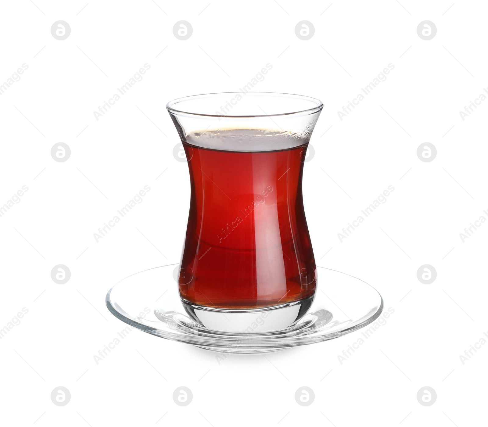 Photo of Glass with traditional Turkish tea isolated on white