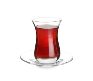 Glass with traditional Turkish tea isolated on white