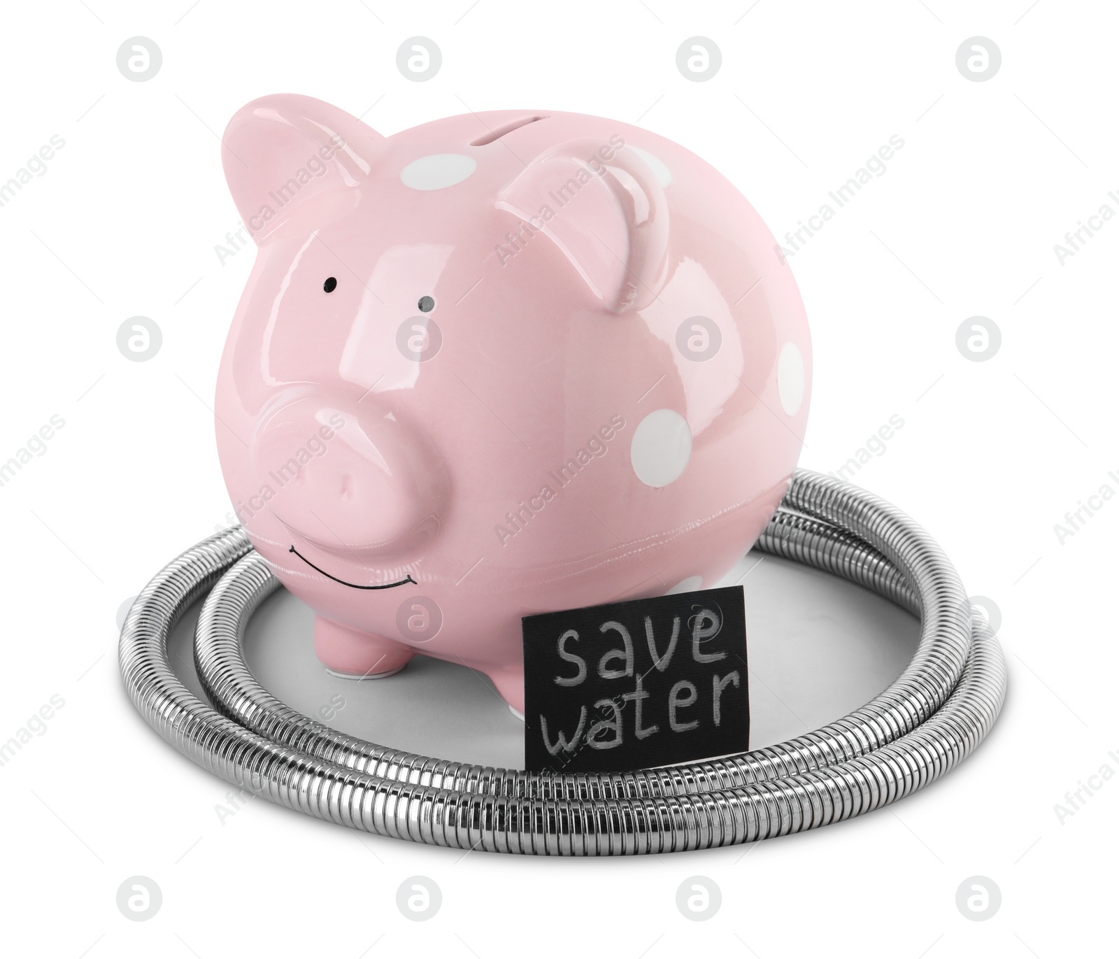 Photo of Water scarcity concept. Card with phrase Save Water, piggy bank and shower hose isolated on white