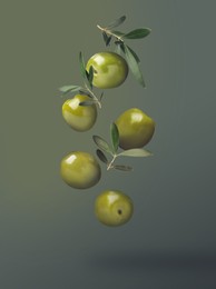 Image of Fresh olives and leaves falling on color background