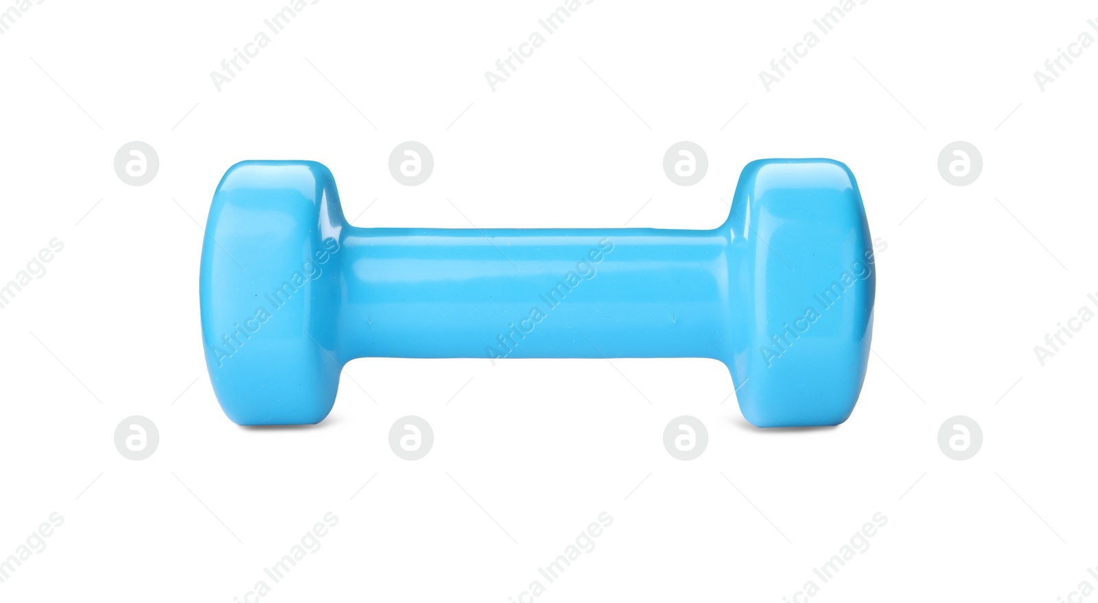 Photo of Light blue dumbbell isolated on white. Weight training equipment