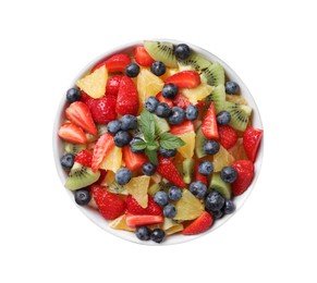 Tasty fruit salad in bowl isolated on white, top view