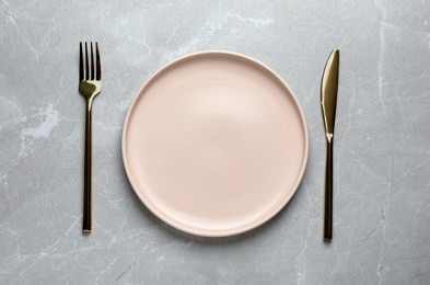Photo of Beautiful table setting on grey background, flat lay