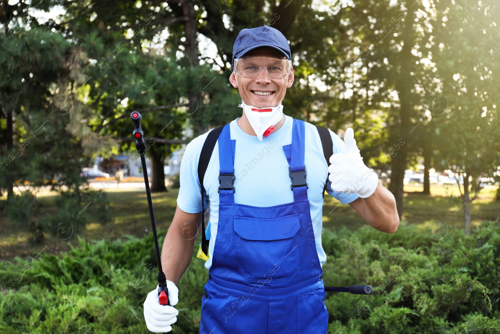 Photo of Worker with insecticide sprayer near green bush outdoors. Pest control