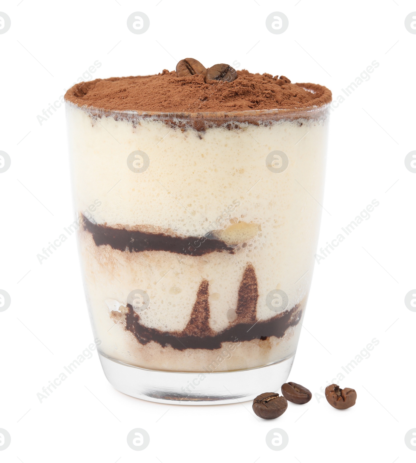 Photo of Delicious tiramisu cake in glass with coffee beans isolated on white