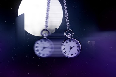 Image of Hypnosis session. Vintage pocket watch with chain swinging against mystical sky on a full moon, motion effect