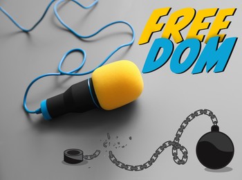 Image of Freedom of speech. Microphone and illustration of broken ball and chain on gray background