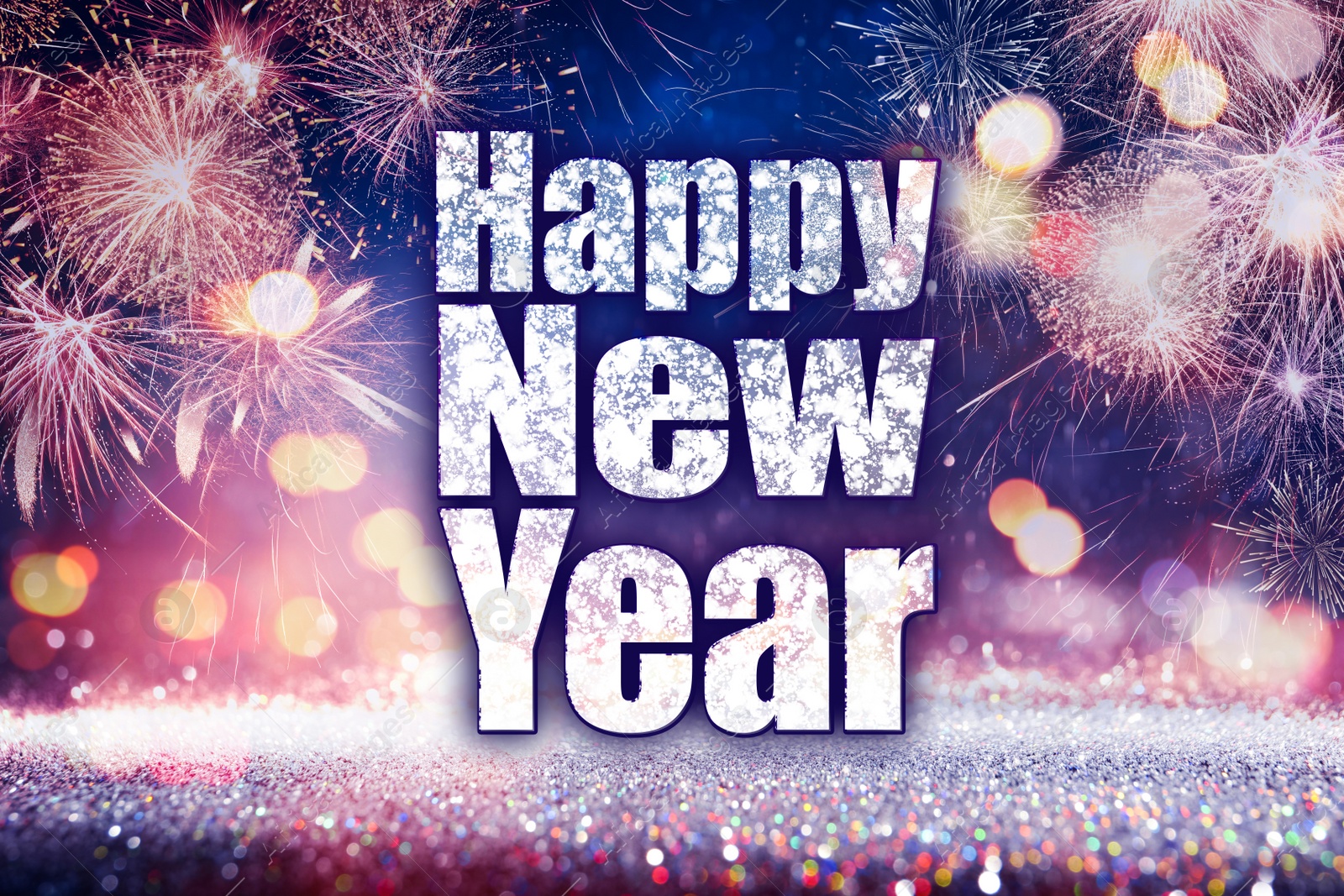 Image of Text Happy New Year on festive background with fireworks, bokeh effect