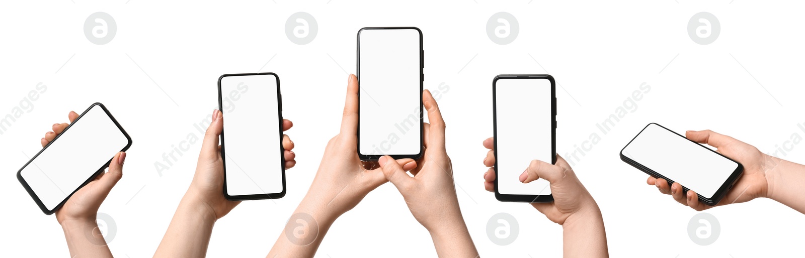 Image of Woman holding phone with blank screen on white background, closeup. Set of photos