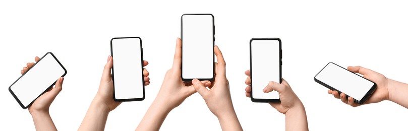 Image of Woman holding phone with blank screen on white background, closeup. Set of photos