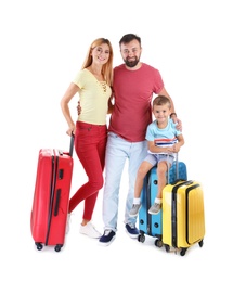 Photo of Family with suitcases on white background. Vacation travel