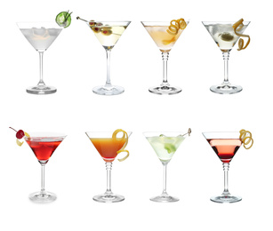 Image of Set with different martini cocktails on white background 