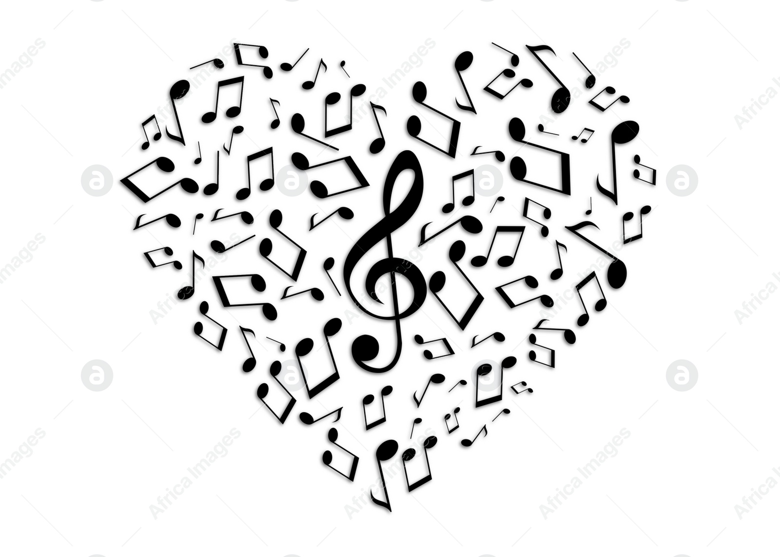 Illustration of Shape of heart made with many music notes and treble clef on white background