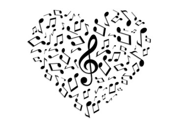 Illustration of Shape of heart made with many music notes and treble clef on white background