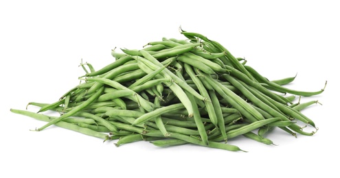 Delicious fresh green beans on white background