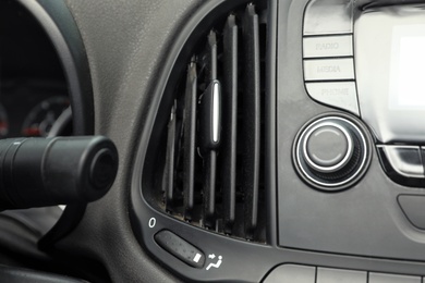 Modern air conditioning control panel in car, closeup