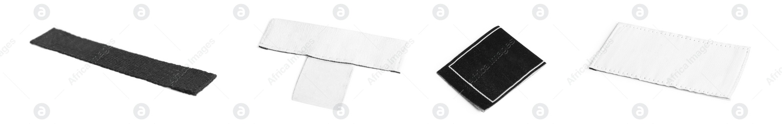 Image of Different blank clothing labels on white background, collage. Banner design