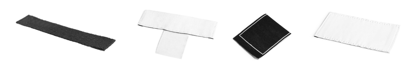 Image of Different blank clothing labels on white background, collage. Banner design