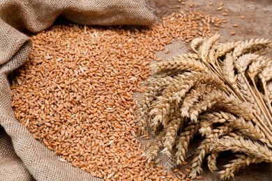 Sack with wheat grains and spikelets on wooden table, closeup