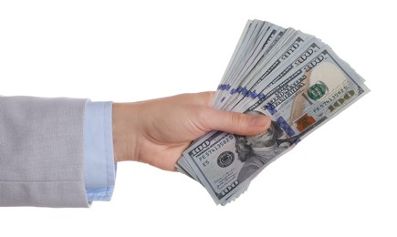 Money exchange. Woman holding dollar banknotes on white background, closeup