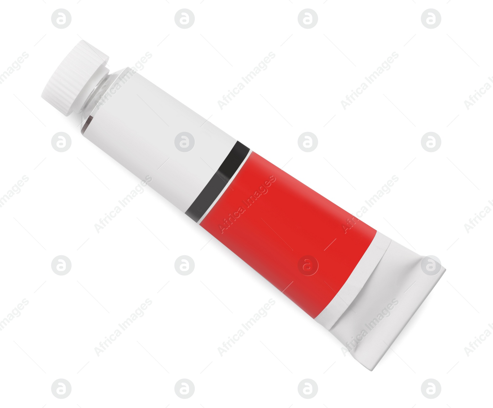 Photo of Tube with red oil paint on white background, top view