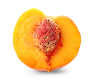 Photo of Half of fresh sweet peach on white background