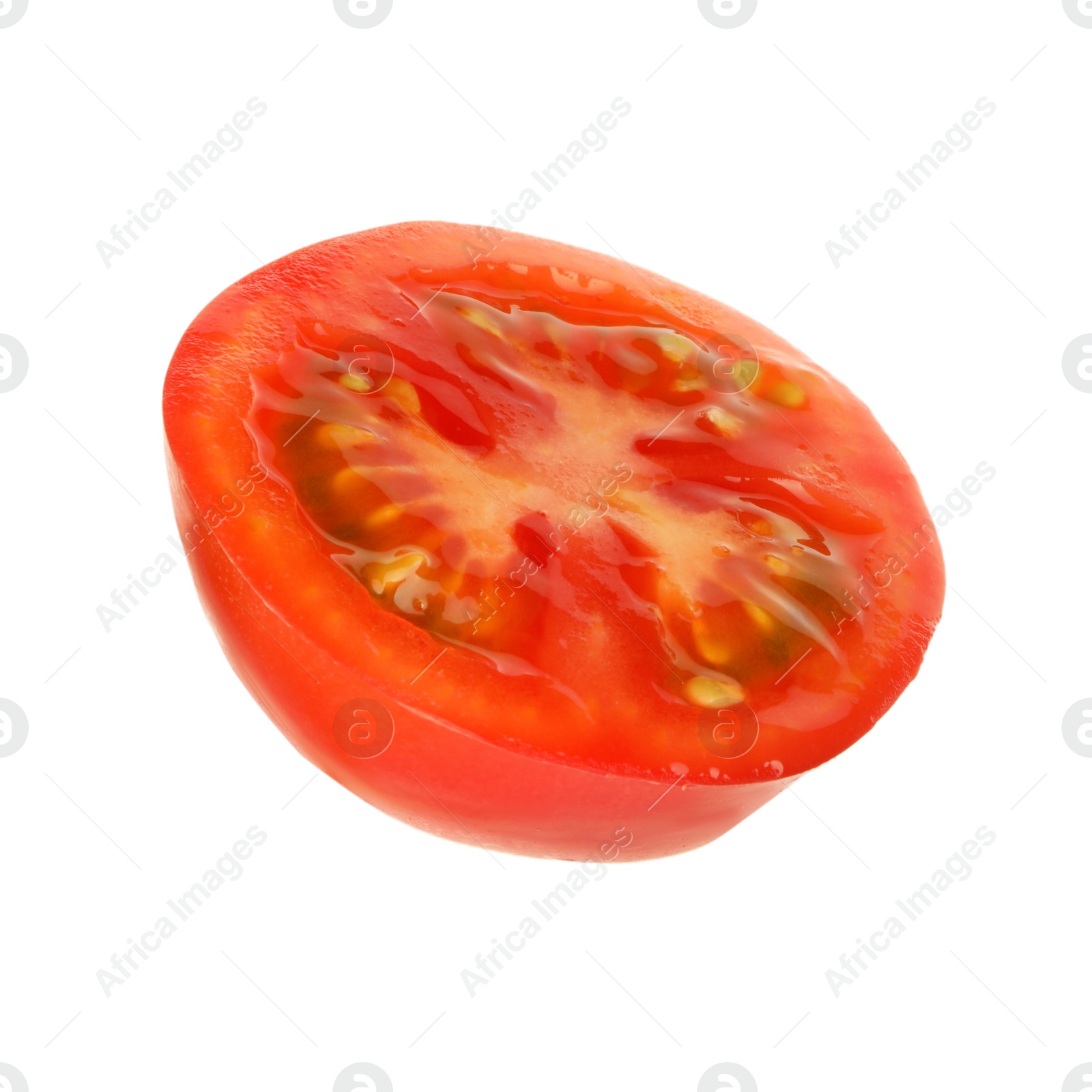 Photo of Half of ripe cherry tomato isolated on white