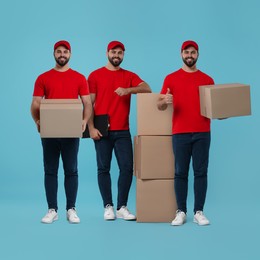 Image of Delivery service. Happy courier with cardboard boxes on light blue background, collage of photos