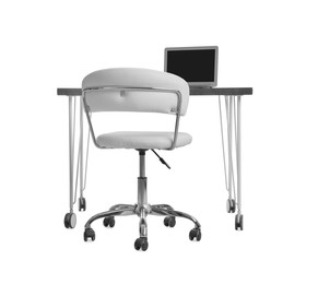 Photo of Stylish workplace with laptop and comfortable chair on white background
