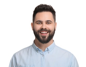 Portrait of happy young man with mustache on white background