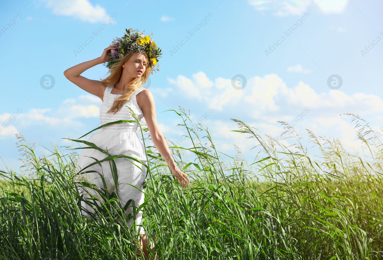 Photo of Young woman wearing wreath made of beautiful flowers in field on sunny day