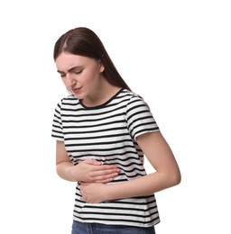 Photo of Young woman suffering from stomach pain on white background