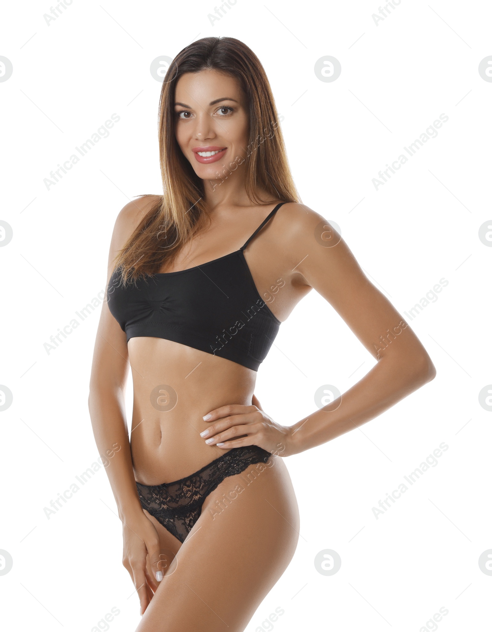 Photo of Beautiful woman in sexy black panties and top on white background