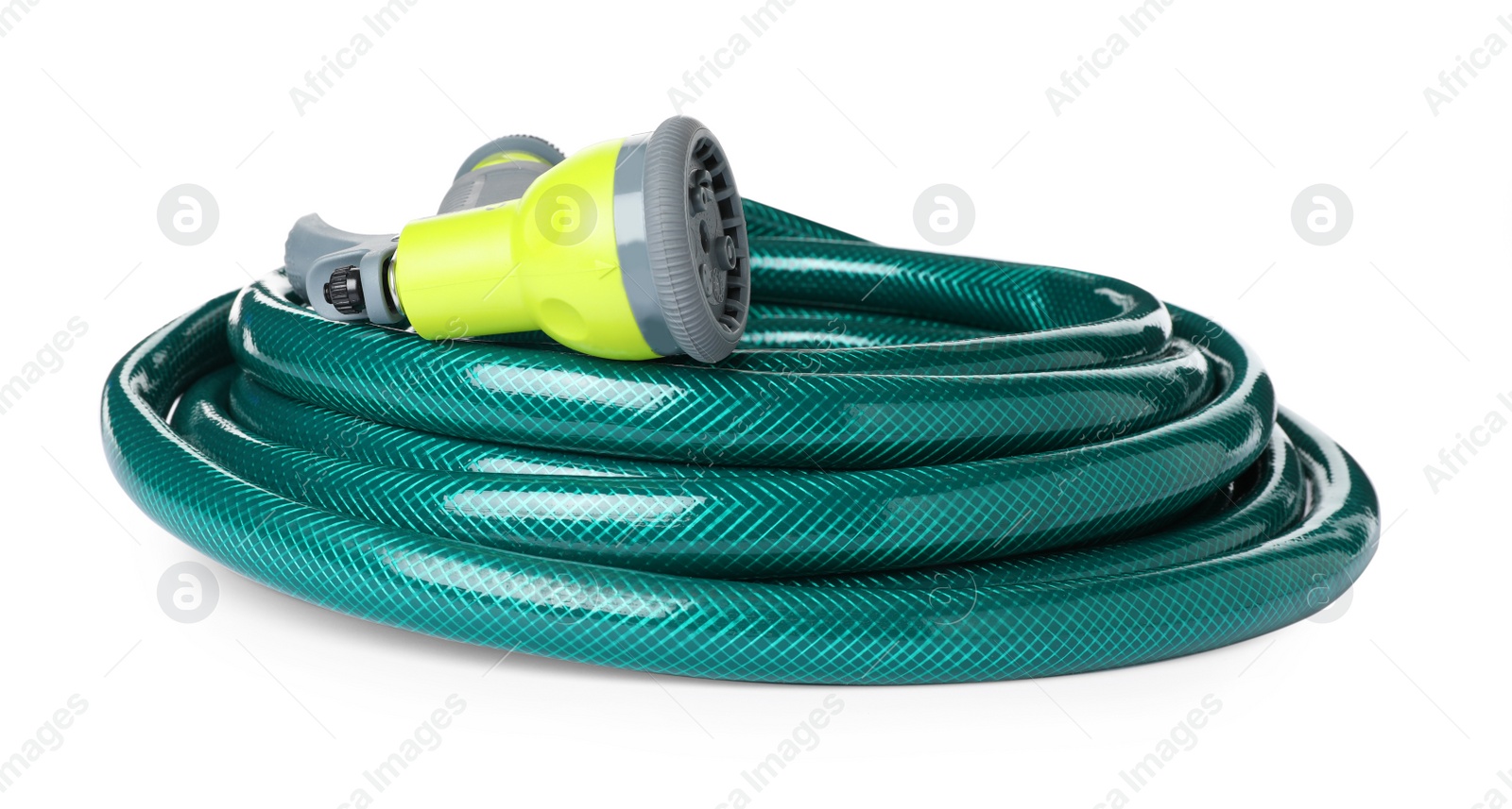 Photo of Green rubber watering hose with nozzle isolated on white