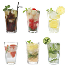 Set with different refreshing cocktails on white background