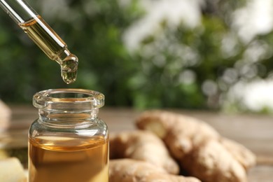 Dripping ginger essential oil from pipette into bottle on blurred background, closeup. Space for text