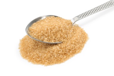 Photo of Pile of brown sugar and spoon isolated on white